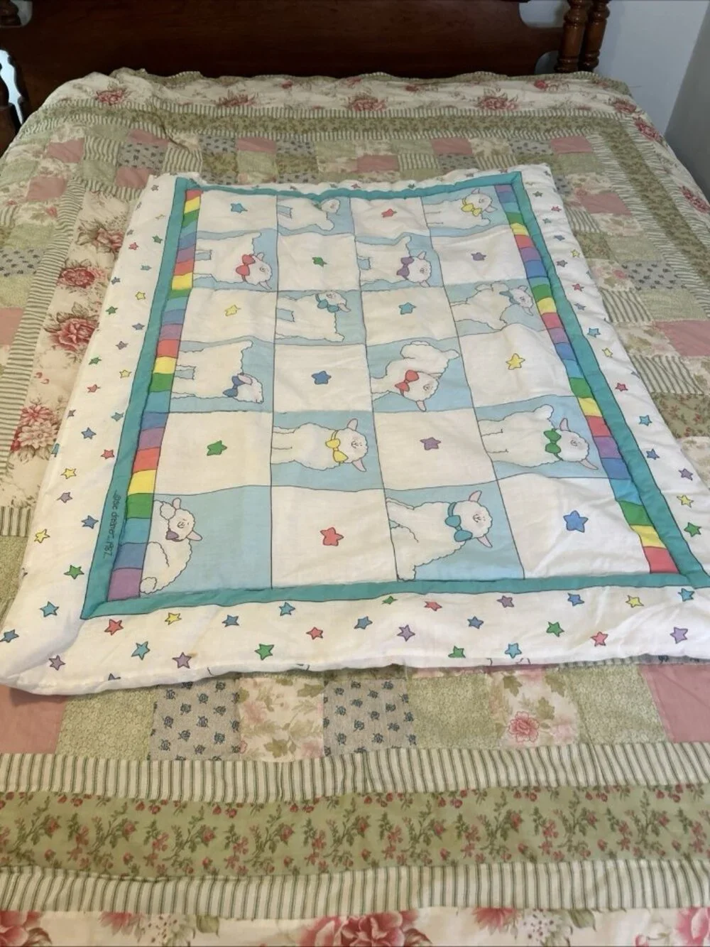 Baby Crib Blanket Sue Dreamer Happy Sheep Nursery Quilt 1987 Double sided 42x33”
